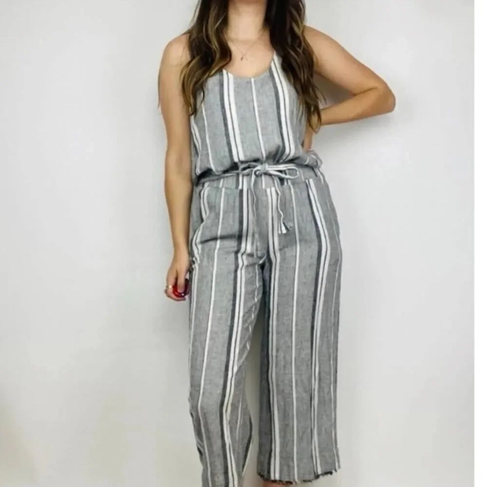 Clothe & Stone by Anthropologie Linen Striped Jumpsuit Open Back Gray Size M